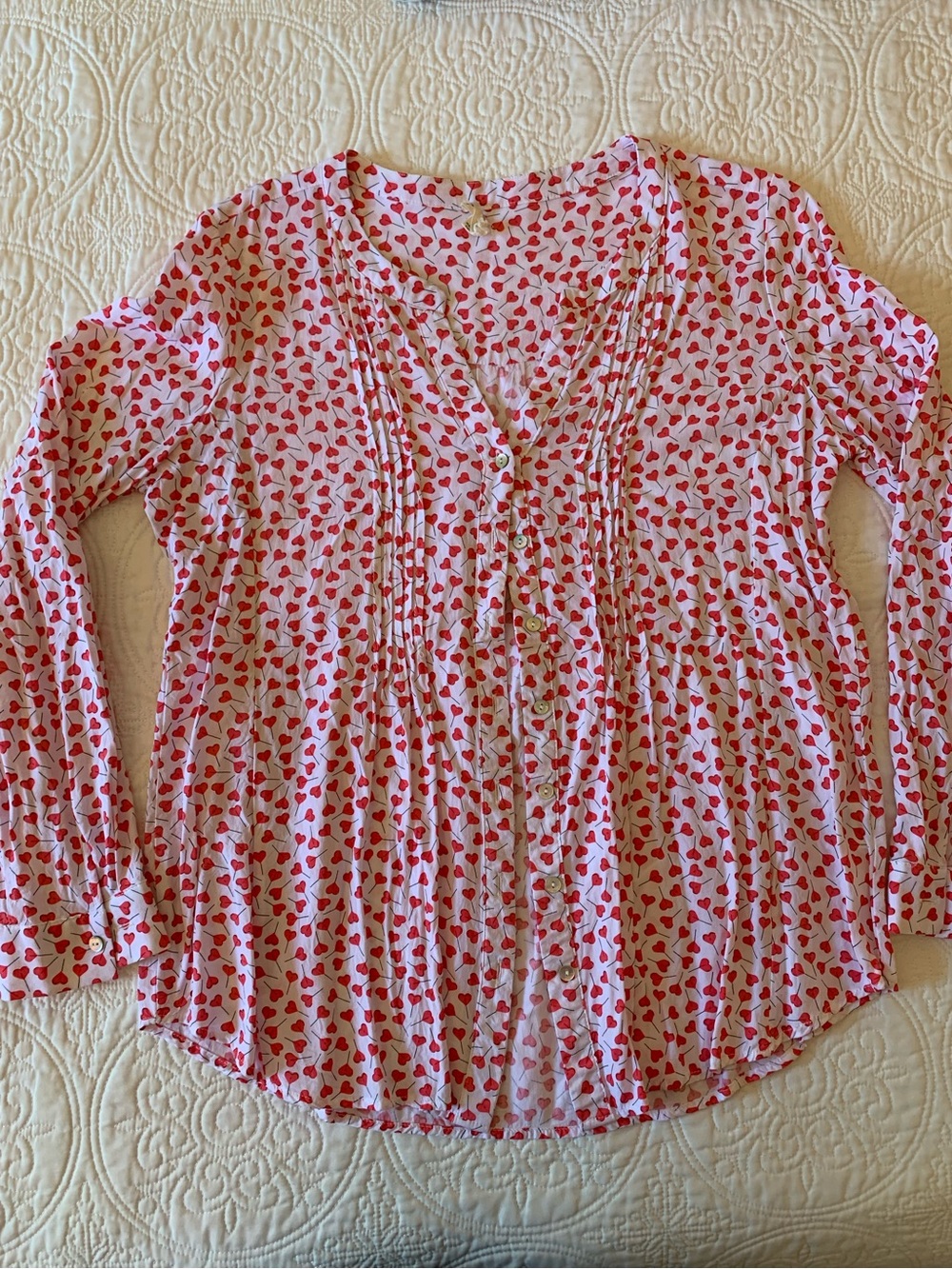 Women's Pink Heart-Print Button Front Top Long Sleeves, Medium